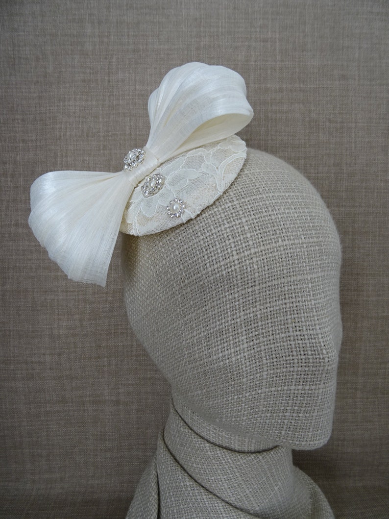 silk abaca bow AS13 lace wedding hat vintage inspired headpiece Ivory bridal fascinator