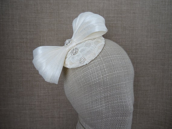 silk abaca bow AS13 lace wedding hat vintage inspired headpiece Ivory bridal fascinator