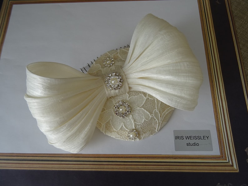 silk abaca bow AS13 lace wedding hat vintage inspired headpiece Ivory bridal fascinator