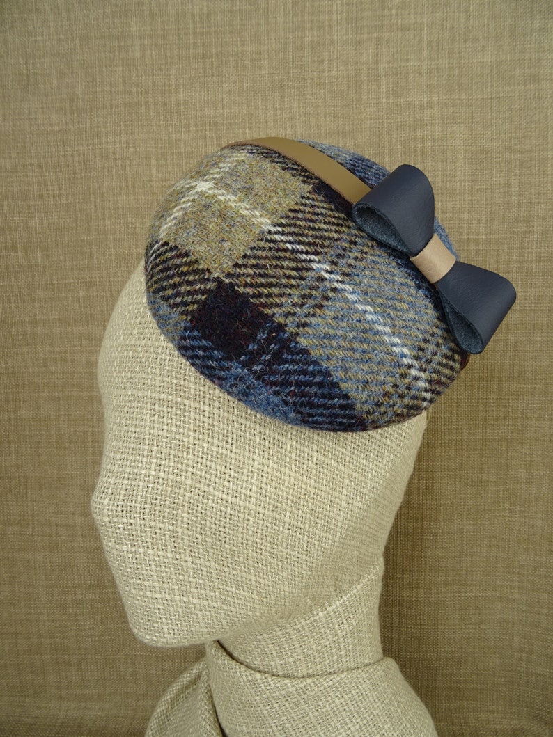 winter wedding headpiece HT19 modern cocktail hat Blue and beige pillbox hat Harris tweed 100/% wool fascinator with leather bow