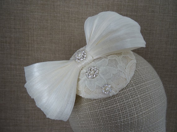 silk abaca bow AS13 lace wedding hat vintage inspired headpiece Ivory bridal fascinator