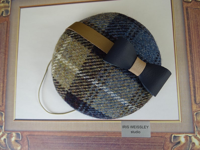 winter wedding headpiece HT19 modern cocktail hat Blue and beige pillbox hat Harris tweed 100/% wool fascinator with leather bow