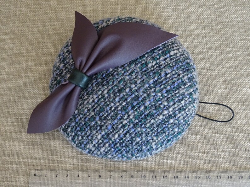 Vintage inspired boucle pillbox hat button shaped fascinator with purple leather bow CK43 lavender green beret style cocktail hat