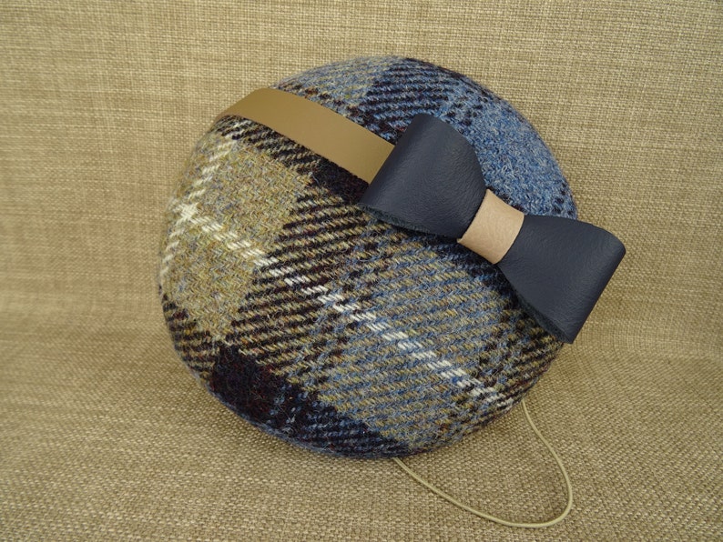 winter wedding headpiece HT19 modern cocktail hat Blue and beige pillbox hat Harris tweed 100/% wool fascinator with leather bow