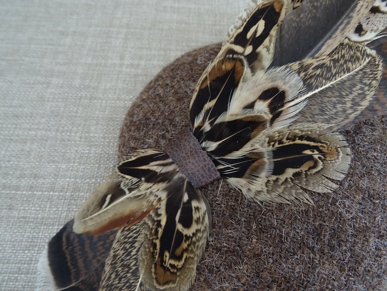 winter wedding wool fascinator with feathers Brown pillbox hat 60/'s vintage style button hatinator HT90