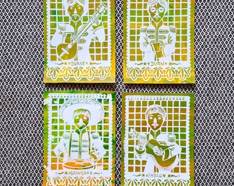 LOS BEATLES // Psychedelic Beatles Marble Effect Screenprinted Poster Set of 4 // Dia De Los Muertos // White Green Orange Yellow Marble