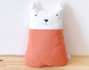 Coussin Chat - Avec poche secrète à l'arrière - Ecru et orange corail