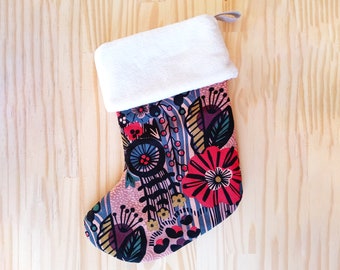 Christmas sock in organic cotton canvas - cuddly toy interior - red, pink, blue, black tones