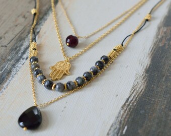 Labradorite Necklace,Multistrand Necklace,Black Jade Necklace,Gold Necklace,Jade Necklace,Chain Necklace,Healing Necklace,Hamsa Necklace