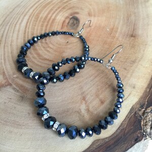 Blue Hoop Earrings,Blue Crystal Earrings,Hoop Earrings,Beadwork Earrings,Beaded Earrings,Silver Earrings,Rhinestone Earrings,Gift For Her