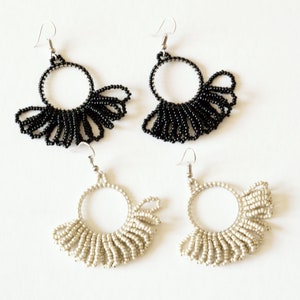 Black Bead Earrings,Hoop Earrings,Beadwork Earrings,Bead Earrings,White Earrings,White Bead Earrings,Black Hoop Earrings,White Hoop Earrings