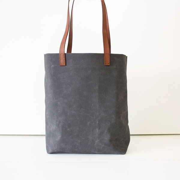 Gray Canvas Tote,Waxed Canvas Tote,Canvas Tote Bag,Gray Canvas Bag,Leather Strap Tote,Water Resist Tote,Gray Handbag,Grey Shoulder Bag