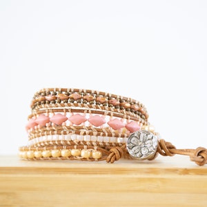 Pink Wrap Bracelet,4 Wrap Bracelet,Bead Wrap Bracelet,Brown Bead Bracelet,Pink Bead Bracelet,Wrap Bracelet,Leather Wrap Bracelet,Pink Cuff