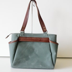Green Canvas Tote,Waxed Canvas Tote,Canvas Tote Bag,Zippered Canvas Tote,Leather Strap Tote,Water Resist Tote,Canvas Shoulder Bag,Green Tote image 2