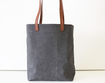 Gray Canvas Tote,Waxed Canvas Tote,Canvas Tote Bag,Gray Canvas Bag,Leather Strap Tote,Water Resist Tote,Gray Handbag,Grey Shoulder Bag