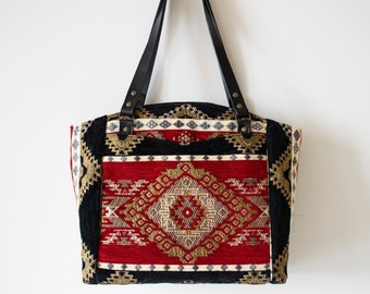 Bohemian Tote Bag,Boho Tote Bag,Ethnic Tote Bag,Boho Carpet Tote Bag,Black and Red Tote,Leather Strap Tote Bag,Carpet Tote,Chenille tote bag