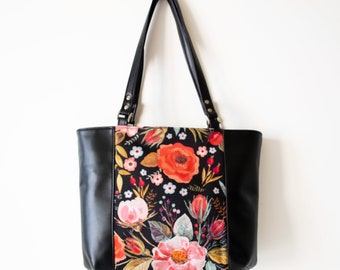 Floral Leather Tote,Black Floral Bag,Black Leather Tote,Leather Tote,Floral Shoulder Bag,Floral Fabric Bag,Floral Leather Bag,Floral Handbag