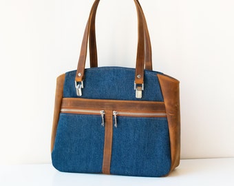 Jean Tote Bag,Brown Leather Bag,Crazy Horse Bag,Brown Leather Tote,Blue Jean Tote,Jean Shoulder Bag,Large Jean Tote,Leather Shoulder Bag