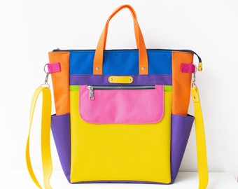 Sac color block, sac, sac à main coloré, sac à dos arc-en-ciel, bandoulière arc-en-ciel, sac à dos orange, sac à dos jaune, sac à dos violet
