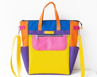 Farbblock-Tasche, Tasche, bunte Handtasche, Regenbogen-Rucksack, Regenbogen-Crossbody, orangefarbener Rucksack, gelber Rucksack, lila Rucksack