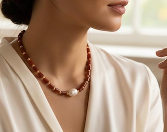 Collier de perles baroque, collier en agate rouge, collier de perles, collier en or, collier en cristal, collier de pierres précieuses, collier orange