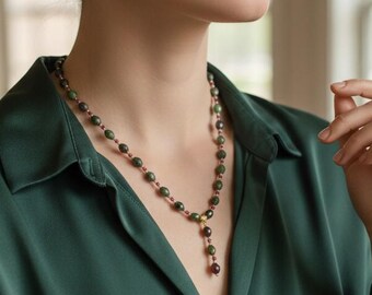 Collier rubis zoisite, collier rubis, collier vert, rubis zoisite vert, collier en Y, collier bohème, collier plaqué or, collier classique