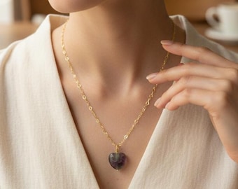 Fluorite Necklace,Fluorite Pendant,Purple Necklace,Green Necklace,Heart Pendant, Crystal Necklace,Chain Necklace,Gemstone Necklace