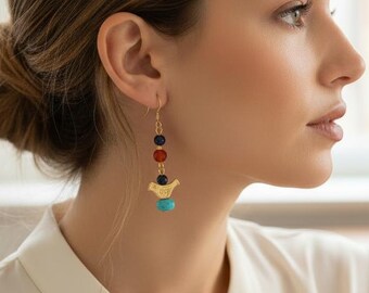 Boucles d'oreilles oiseau,Boucles d'oreilles en lapis,Boucles d'oreilles en agate rouge,Boucles d'oreilles turquoise,Boucles d'oreilles bleues,Boucles d'oreilles pendantes,Boucles d'oreilles orange,Boucles d'oreilles oiseau en or