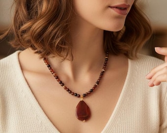 Red Agate Necklace,Agate Necklace,Gold Necklace,Drop Agate Necklace,Healing Necklace,Deep Orange Necklace,Black Necklace,Orange Pendant
