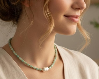 Collier en Amazonite, collier de perles baroques, collier de perles, collier en or, collier en cristal, collier vert aqua, collier de pierres précieuses, collier vert