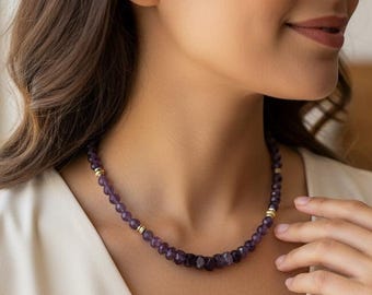 Collar de amatista, collar de oro con amatista, collar con colgante de amatista, collar de oro, collar de cristal, collar morado, collar de rondelle