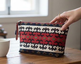 Clutch tejido rojo, bolso tejido rojo, bolso de alfombra, clutch étnico rojo, clutch geométrico, bolso rojo, neceser bohemio, bolso bohemio con cremallera, bolso con cremallera