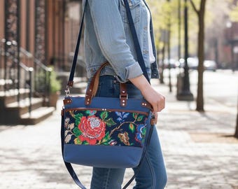Blaue Blumentasche,Umhängetasche Blumen, Crossbody,Handtasche Canvas,Blaue Handtasche,Umhängetasche Canvas