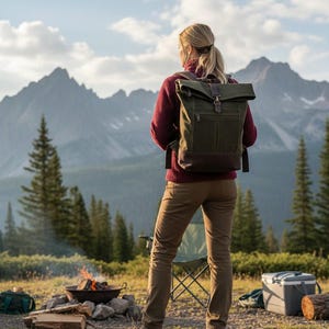 May include: An olive green canvas roll-top backpack with brown leather accents, featuring a front zippered pocket, adjustable shoulder straps, and a metal buckle closure, worn over a maroon fleece jacket and brown trousers.