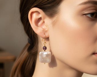 Boucles d'oreilles en perles,Boucles d'oreilles en perles carrées,Boucles d'oreilles en améthyste,Boucles d'oreilles violets,Boucles d'oreilles en or,Boucles d'oreilles pendantes,Grandes boucles d'oreilles en perles,Boucles d'oreilles carrées