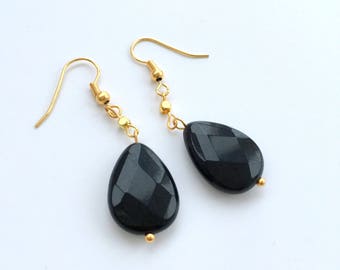 Black Jade Earrings,Black Crystal Earrings,Gold Earrings,Gold Plated Earrings,Crystal Earrings,Black Earrings,Drop Earrings