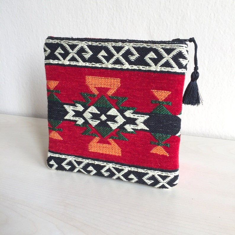 Red Zipper Pouch,Carpet Zippered Pouch,Woven Zipper Pouch,Red Bag,Black Makeup Bag,Boho Mini Bag,Boho Zipper Pouch,Red Coin purse