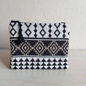 Boho Zipper Pouch,Ethnic Zippered Pouch,Woven Zipper Pouch,Black Zipper Pouch,Ethnic Bag,Black Makeup Bag,Boho Mini Bag,Fringe Bag