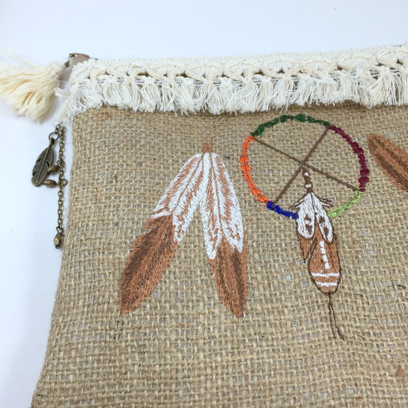 Dreamcatcher Pouch,Embroidered Pouch,Jute Makeup bag,Embroidered Pouch,Feather Clutch,Pencil Case,Zipper Pouch,gift for her,Jute Purse