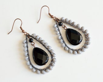 Copper Jade Earrings,Black Jade Earrings,Copper Earrings,Copper Wire Earrings,Crystal Earrings,Black Drop Earrings,Black Boho Earrings