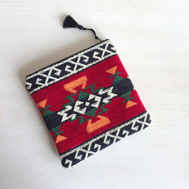 Red Zipper Pouch,Carpet Zippered Pouch,Woven Zipper Pouch,Red Bag,Black Makeup Bag,Boho Mini Bag,Boho Zipper Pouch,Red Coin purse