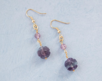 Boucles d'oreilles fleurs,Boucles d'oreilles fluorite,Boucles d'oreilles fleurs,Boucles d'oreilles violets,Boucles d'oreilles scintillantes,Boucles d'oreilles turquoise,Boucles d'oreilles pendantes,Boucles d'oreilles en pierres précieuses