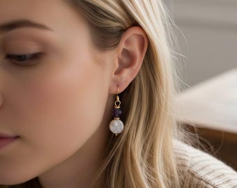 Pearl Earrings,Coin Pearl Earrings,Amethyst Earrings,Purple Earrings,Gold Earrings,Dangle Earrings,Crystal Earrings,Square Earrings