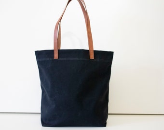 Black Canvas Tote,Waxed Canvas Tote,Canvas Tote Bag,Black Canvas Bag,Leather Strap Tote,Water Resist Tote,Black Handbag,Black Shoulder Bag