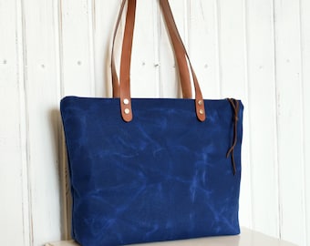 Blue Canvas Tote,Blue Canvas Bag,Zippered Canvas Tote,Blue Shoulder Bag,Water Resist Tote,Waxed Canvas Tote,Blue Handbag,Blue Waxed Canvas