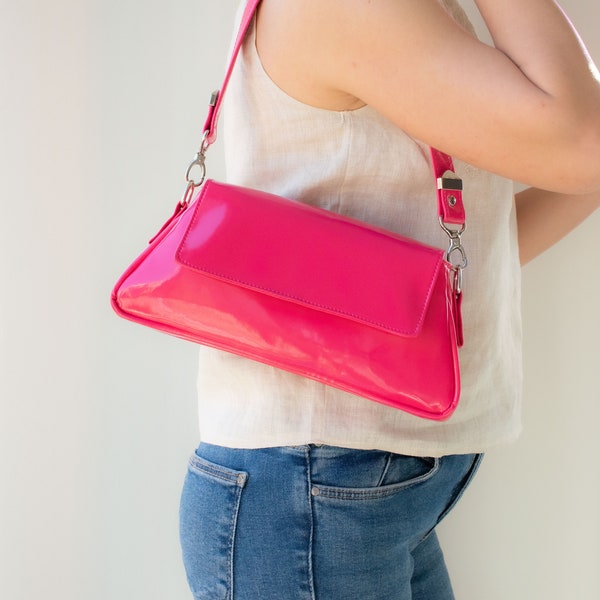 Pink Shoulder Bag, Fuscia Bag, Patent leather bag, Fuscia Shoulder Bag, Leather Handbag,Pink Leather Purse,Pink Leather Bag