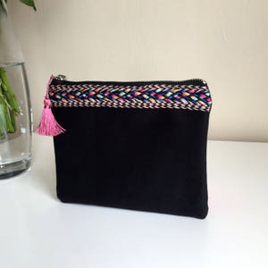 Black Cosmetic Bag,Black pencil case,Boho Zippered Pouch,Boho Makeup Bag,Makeup Bag,Cosmetic Bag,Gift for her,Handmade Bag