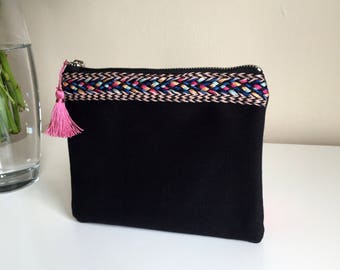 Sac cosmétique noir, cas de crayon noir, pochette zippée de Boho, sac de maquillage de Boho, sac de maquillage, sac cosmétique, cadeau pour elle, sac fait main