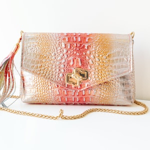 Crocodile Bag,Croco Leather Bag,Leather Shoulder Bag,Ombre Leather Bag,Ombre Leather Purse,Croco Shoulder Bag,Metallic Leather Bag