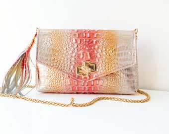 Borsa in coccodrillo, borsa in pelle di coccodrillo, borsa a tracolla in pelle, borsa in pelle sfumata, borsa in pelle sfumata, borsa a tracolla in coccodrillo, borsa in pelle metallizzata